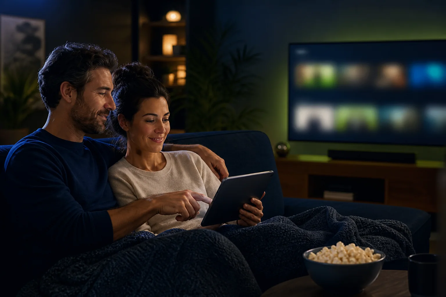 A couple choosing entertainment together on a tablet