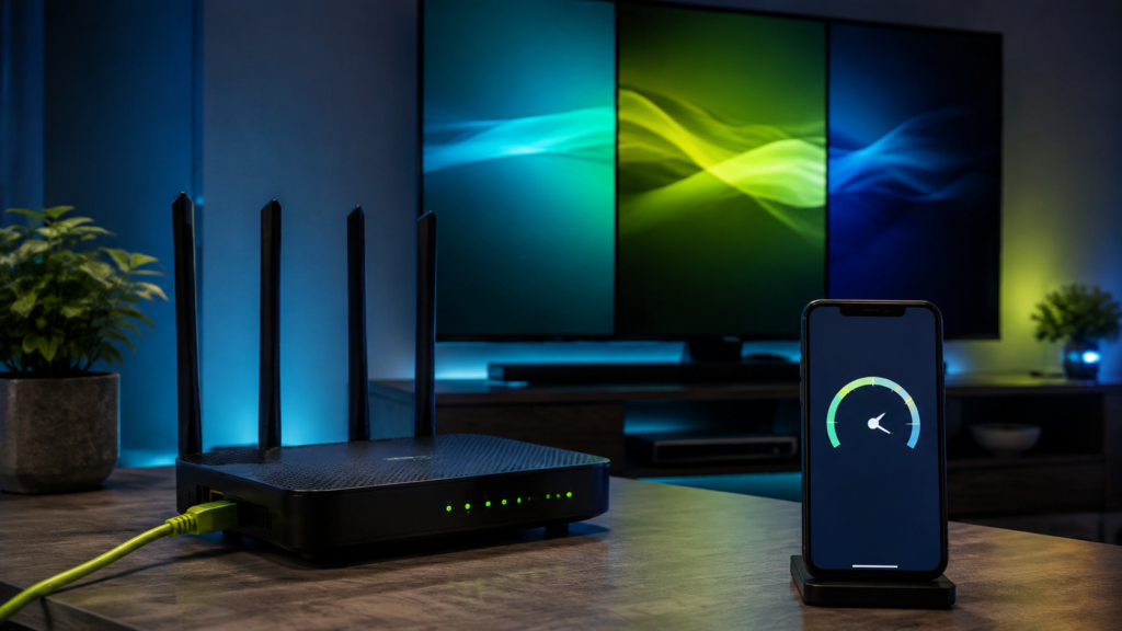 Router and Ethernet connection with speed gauge beside a television