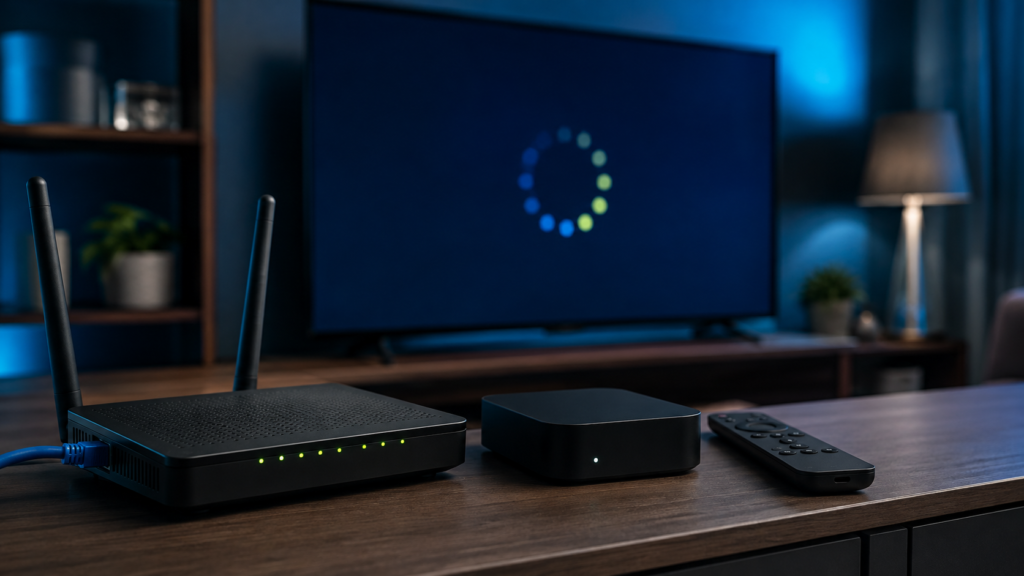 Home streaming setup with router Ethernet cable and loading indicator