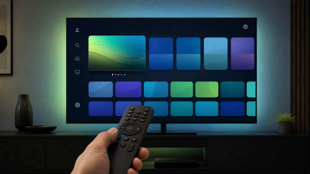 Smart TV player setup screen with remote and generic app tiles