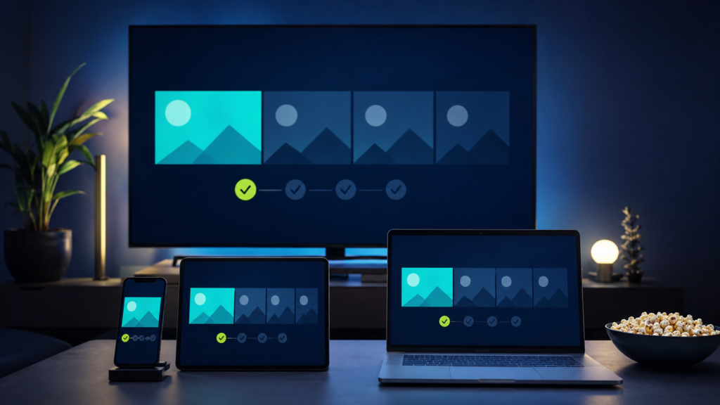 Television, laptop, tablet and phone displaying a generic compatibility checklist