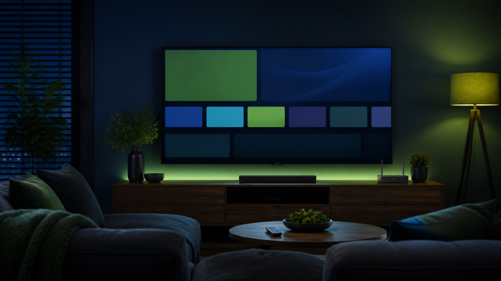 Modern living room showing an IPTV streaming interface on a television