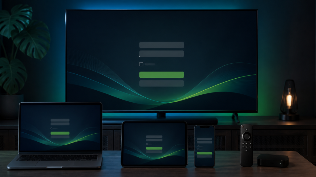 IPTV player setup screen across a television, laptop, tablet and phone